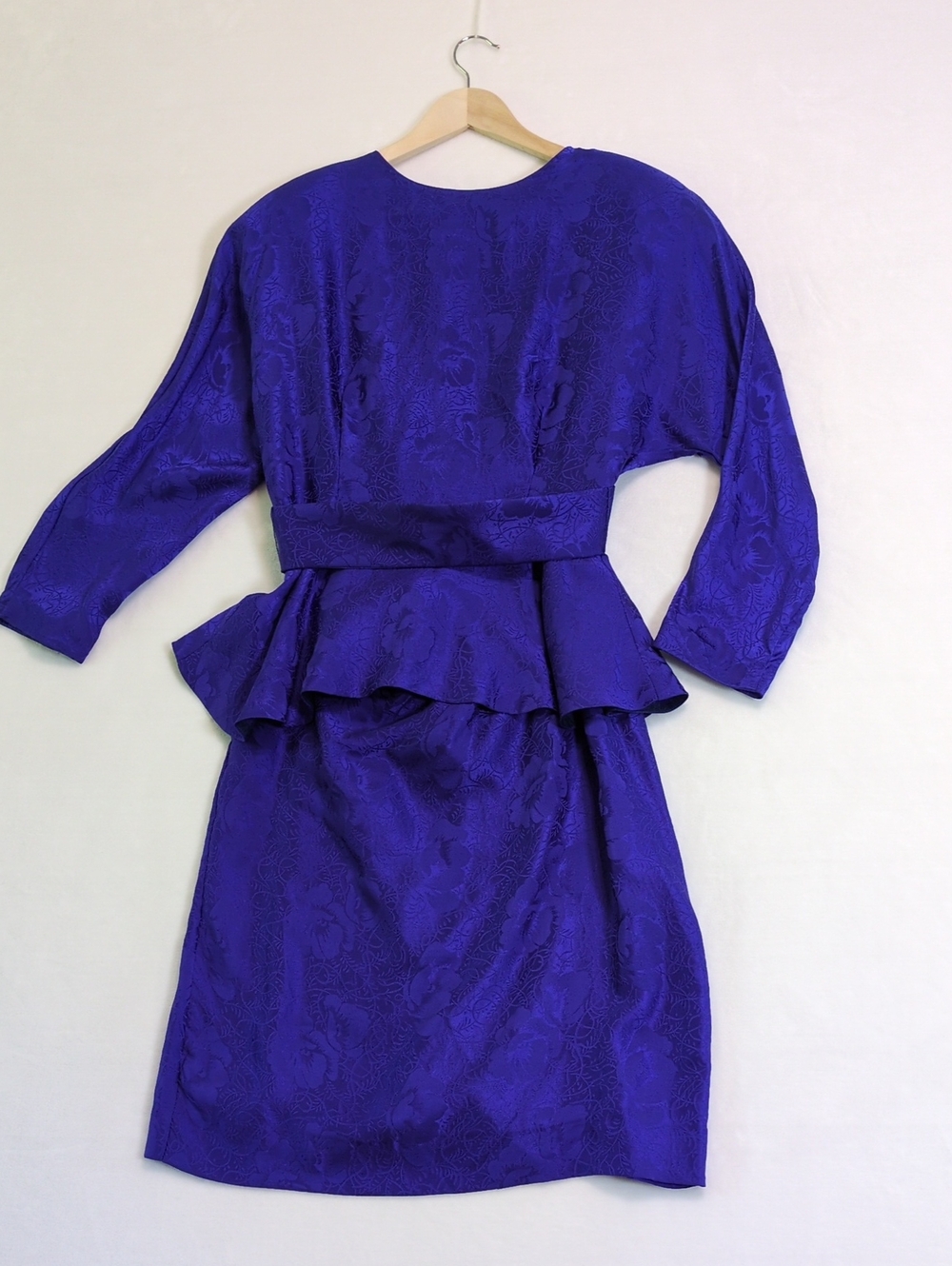 Vintage 80s Silk Peplum Skirt Suit 12 Royal Blue Damask Jacquard Point of View